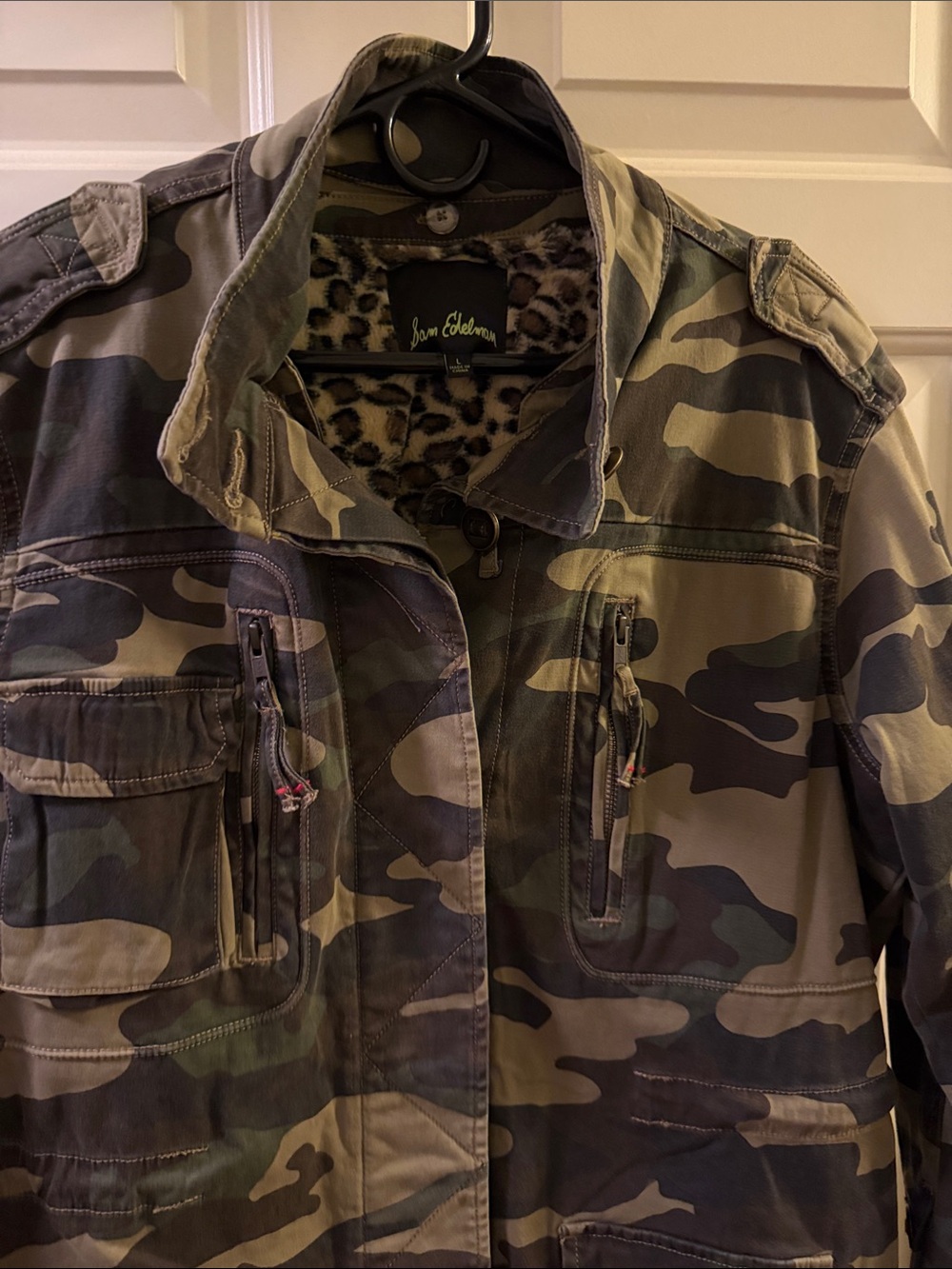 Sam Edelman Olive Green Camo Utility Jacket with detachable Leopard Lining